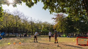 访客在广阔的的草坪上野餐、打羽毛球及其他康乐活动。